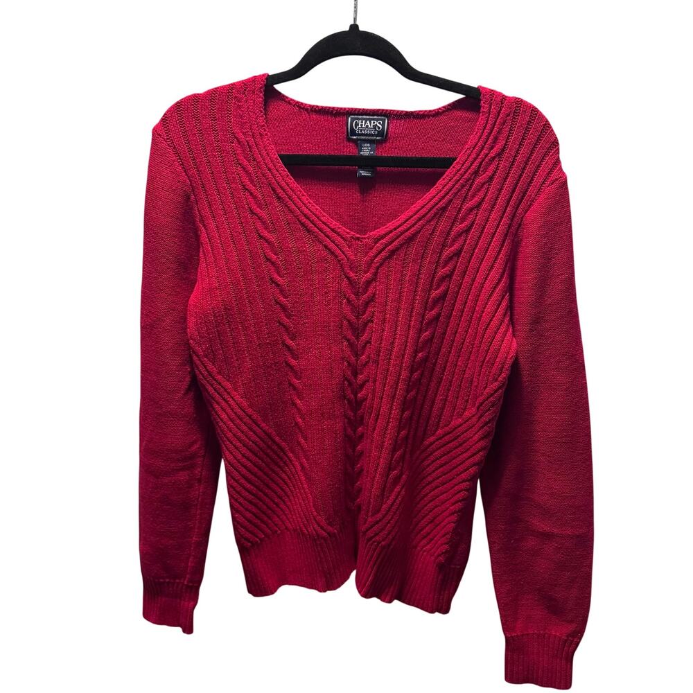 Chaps Classics Vintage Red Cable Knit Sweater V Neck Long Sleeve Womens Size L